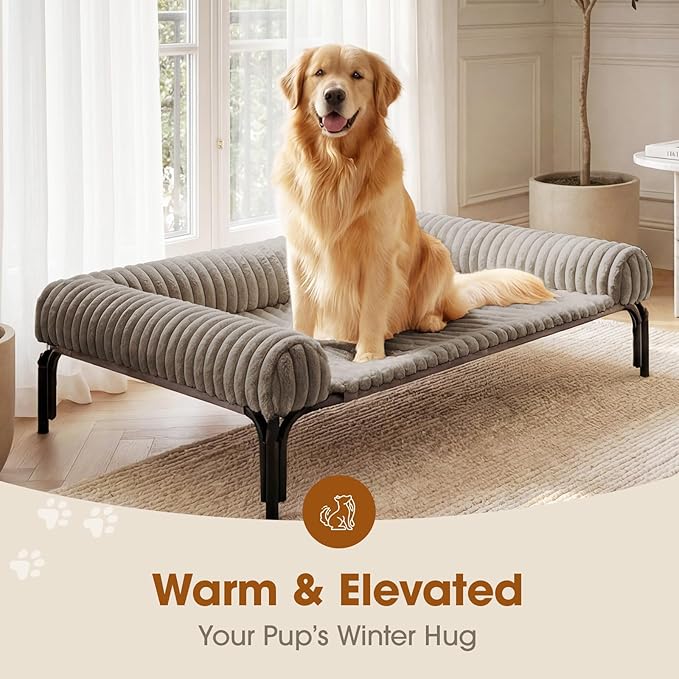 Elevated Dog Bed with Removable Bolster Cushion Mat, Raised Pet Cot for Large Sized Dogs with Breathable & Washable Mesh, Indoor & Outdoor Pet Hammock with Skid-Resistant Feet.