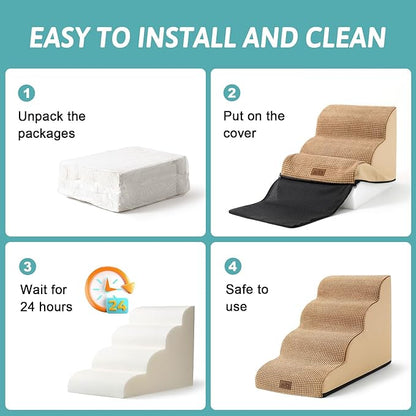Dog Stairs for Small Dogs 15.7" H, Curved Dog Step for Puppy, Older Cat, Medium Pet Ramp for Sofa, Couch or Chair, Ladder with High Density Foam, 3 Step, 15.7x22.4x15.7 inch, Light Brown