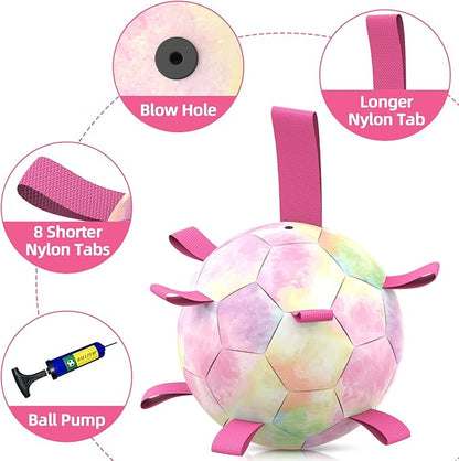 QDAN Dog Balls: Herding Ball for Dogs, Outdoor Toys Dog Soccer Ball with Straps, Interactive Pet Toys for World Cup Large Dogs Tug of War, Pet Birthday Gifts,Gradient Rainbow (8 Inch)
