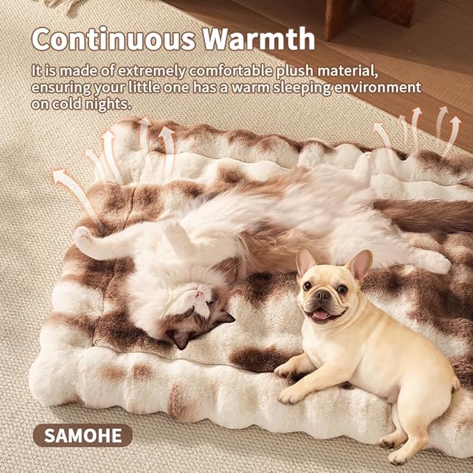 Cat Bed, Plush Faux Fur Kneading Flat Mat - Machine Washable Fluffy Pet Bed for Indoor Cats, Non-Slip Small Kitten Bed, Therapeutic Knead Cat Mat for Couch & Window Sill, 23"×15" Inch,Brown