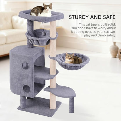 HUITREE 45in Cat Tree Tower with Big Condo for Indoor Cats,Cat Tower with Scratching Post,Scratching Board and Cat Toys,Multi-Level,Small Space,Transformer Cat Tree (Grey+)