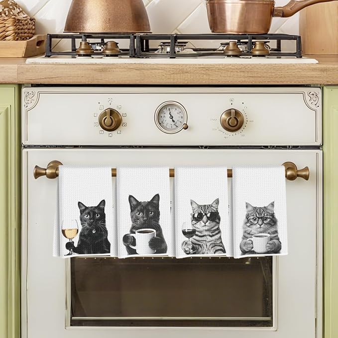 4 Pcs Funny Cat Kitchen Towels 24x14 Inch, Funny Reusable Dish Towels for Kitchen Coffee Station Wine Bar Decor, Waffle Weave Absorbent Hand Cloth Tea Towel, Cat Lover Gifts for Women Mom Friend