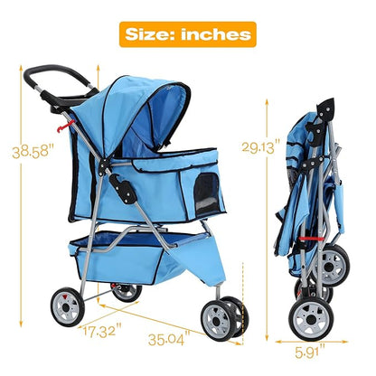 HCY Folding Dog Stroller, 3 Wheels Pet Strollers Pet Gear for Small Medium Cats Dogs Puppy with Storage Basket, Cup Holder,Lightweight Blue 35.04inchx17.32inchx38.58inch