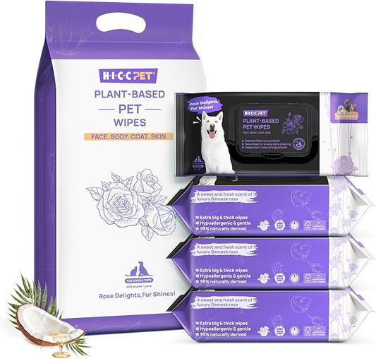 HICC PET Cleaning Deodorizing Wipes for Dogs & Cats, Vet Recommended Plant-Based Pet Grooming Wipes, Fermented Coconut Oil Grooming Paws, Body and Butt, Family Size Supply 400 Count, Rose