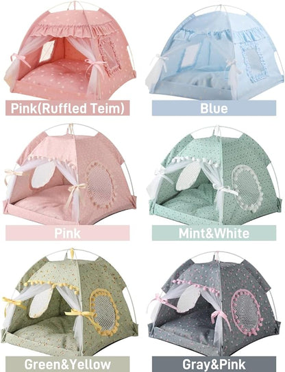 Selena Cat Bed Tents Dog House Indoor Outdoor Lace Mesh Breathable Windows Door Curtains Removable Portable Nest Teepe House (Small,Pink(Flower))