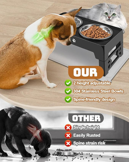 Elevated Dog Bowls with Mat for Small Dogs and Cats, Dog Feeder with 2 Thick 5.5" Stainless Steel Dishes, Non-Slip 2 Heights Adjustable to 2.6"-5.3"