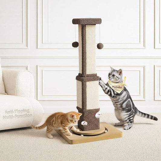 Tall Cat Scratching Post for Large Cats Kittens, 33" Indoor Sisal Vertical Pole Heavy Duty Square Structure with 4 Interactive Mouse Holes and Track Ball Base, Shields Furniture from Scratches