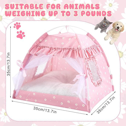 BreezeHug 3 Pieces Dog Tent Bed Cat Princess Tent with Food-Water Bowl and Washable Blanket for Small Pet, Indoor Removable Pink Nest Teepe Pet House Kit for Small Cat, Dog, Puppy, Rabbit