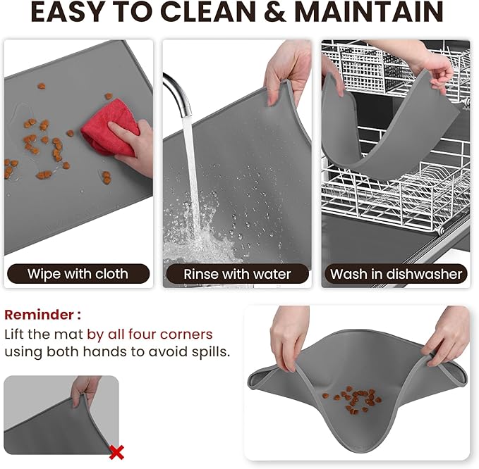 VIVAGLORY Dog Bowl Mat Grippymat Pet Food Mat, Waterproof Washable Nonslip Silicone for Pet & Cat, Food and Water Placemat with Lip & Raised Edges for Indoor Floor, S, Burgundy
