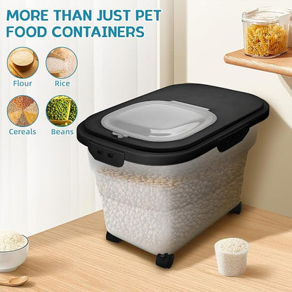 Dog Food Container, Collapsible Pet Food Storage Container 17-20 lb with Rolling Wheels & Airtight Lid, Plastic Storage Bin With Dog Food Scoop and Measuaring Cups