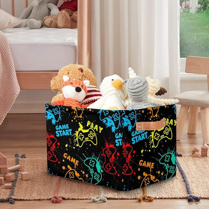 Rectangle Storage Basket with Handles, Cube Organizer Bins for Shelves Collapsible Toys Storage Box Clothes Baskets for Nursery Home Kids Room(Game Video)