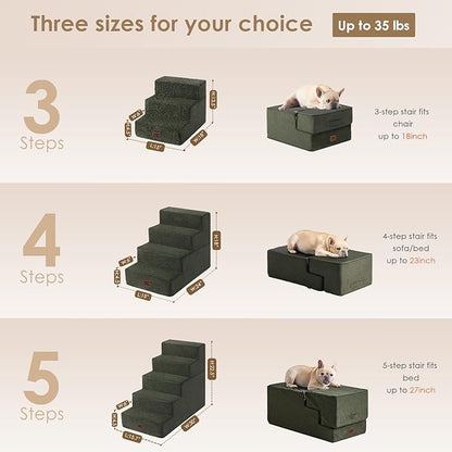 EHEYCIGA Dog Stairs for Small Dogs 13.5" H, 3-Step Dog Steps for Couch Sofa and Chair, Pet Steps for Medium Cats, Non-Slip Balanced Pet Ramp Indoor, Military Green
