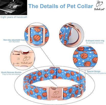 Adjustable Boy Dog Collar - Cute Blue Basketball Print Dog Collars for Large Dogs, Durable Pet Heavy Duty Metal Buckle Collar L