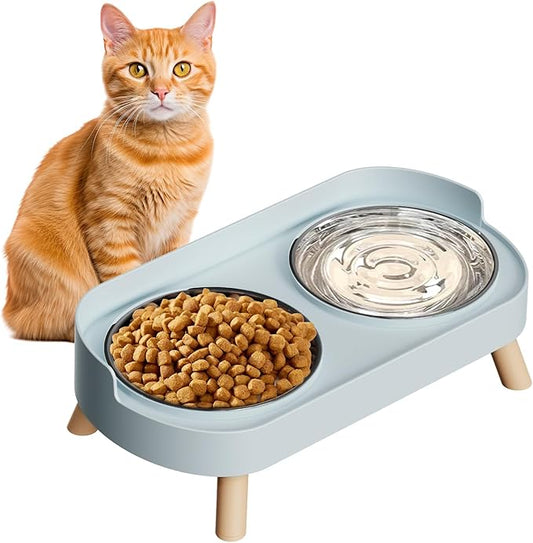 Elevated Cat Bowl, Raised Cat Food and Water Bowl Set for Indoor Cats, Splash Proof with 2 Stainless Steel Pet Food Bowls for Cats and Puppies, Whisker Fatigue and Dishwasher Safe - Blue