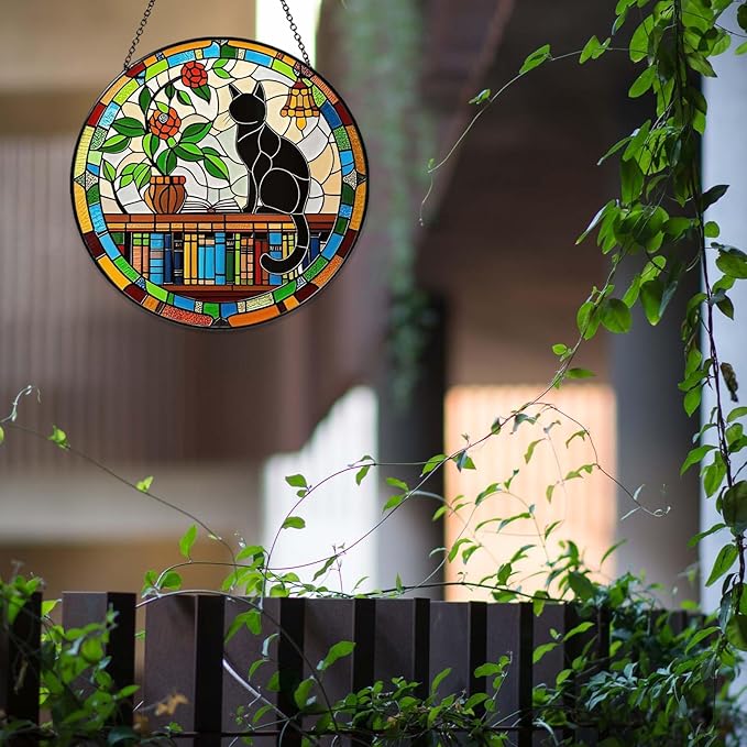 Cat Sun Catcher Stained Glass Window Hanging 6'', Book Lover Gifts for Women Book Wall Decor Handmade Sun Catcher Black Cat Sitting On Bookshelf Decoration for Home Room Housewarming Gifts