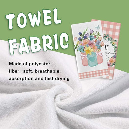 Spring Summer Floral Kitchen Dish Towels Set of 2, Home Sweet Home Floral Wreath Drying Hand Towel Baking Cooking Cloth, Pink Plaid Mason Jar Family Farmhouse Bathroom Decoration 18'' x 26''