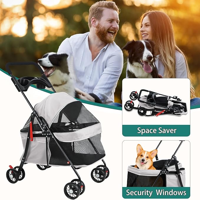 4 Wheels Pet Stroller for Medium Small Dog up to 50lbs, Dog Cat Stroller, Outdoor Travel Pet Folding Strollers, Cat Cage Strollers with Cup Holder, Breathable and Visible Mesh (1 Set-Grey)