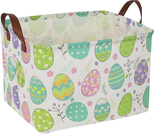 Large ,Empty,Rectangular Colerful Eggs Basket for Boys and Girls Gift,Kids Toy Storage Bin with Hand Painted easter eggs,Baby Room Decor (Easter Basket)