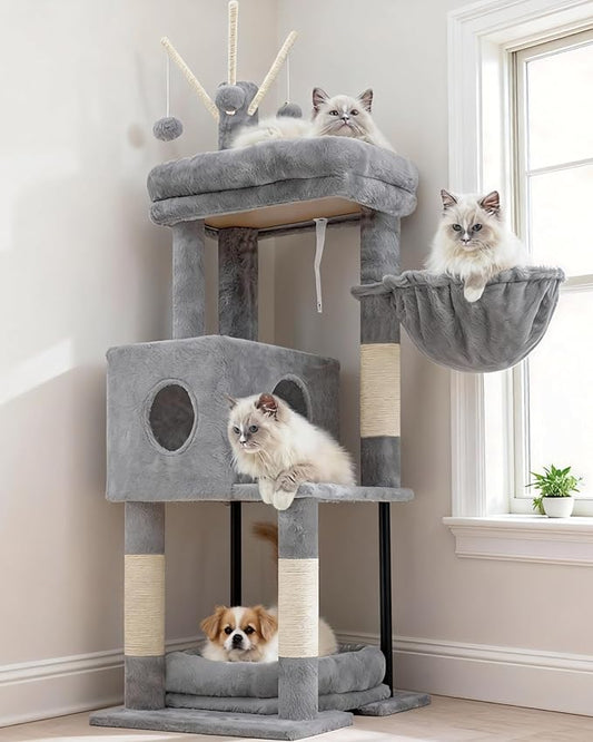 Heybly Cat Tree, 45.3-Inch Cat Tower for Indoor Cats with Large Perch, All-in-One Cat Furniture with Cozy Bed, Hidden Space Cat Condo, Comfy Hammock, Scratching Posts & 3 Pompoms, Light Gray HCT202SW