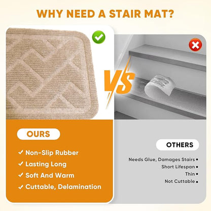 15 Pack 8 "X 30" Non Slip Stair Treads for Wooden Steps, Carpet Stair Treads Made of Polyester and Reusable Adhesive, Stair Runner Rugs for Kids, Elders and Dogs Pets (Beige)