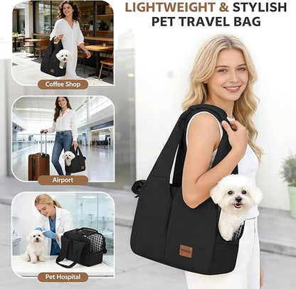 Dog Purse Carrier for Small Dogs and Cats, Soft-Sided Pet Tote Bag with 6 Large Pockets, Collapsible Travel Puppy Carrier with Small Cushion, Fits Pets up to 6 lbs (Black, 13.6" L x 6.6" W x 10" H)