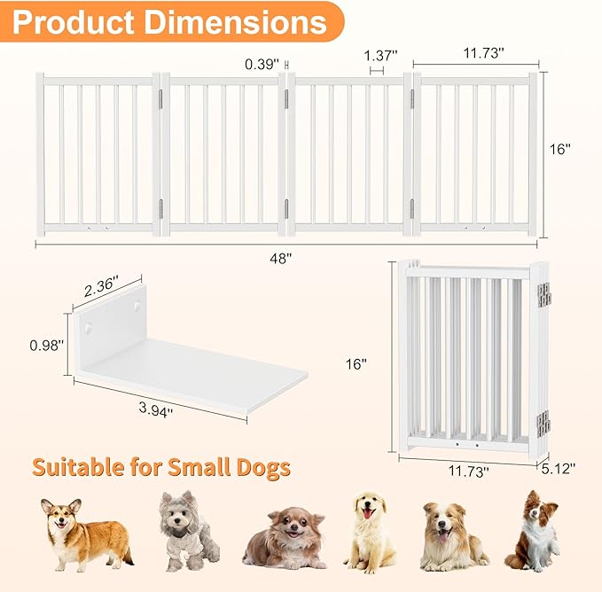 Snughome Short Dog Gate Indoor, 16" High Freestanding Small Dog Door Gates with Support Feet, Expands Up to 48’’ Wide Foldable Pet Gate for Doorway, 4 Panel Folding Pet Door Pet Fence for Puppy, White