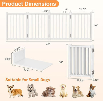 Snughome Short Dog Gate Indoor, 16" High Freestanding Small Dog Door Gates with Support Feet, Expands Up to 48’’ Wide Foldable Pet Gate for Doorway, 4 Panel Folding Pet Door Pet Fence for Puppy, White