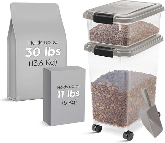 IRIS USA 30 lbs & 11 lbs Combo Airtight Dog Food Storage Container, Stackable Treat Box, 2-Cup Scoop, Wheels, Keep Fresh, Easy Mobility, Chrome