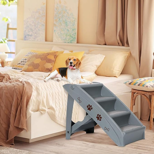 LEMY Foldable Pet Ladder,Pet Stairs with 4 Steps,Plastic Anti-Slip Pet Furniture Pet Dog Steps for Small/Old Dog,Grey