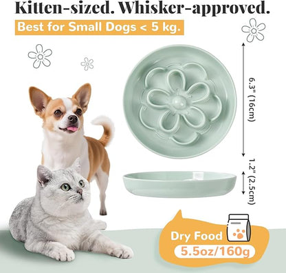 Melamine Cat Slow Feeder Bowl - Floral Maze Cat Food Dish - Flat Plate for Dry & Wet Food - Cute Kitten Bowl - Dishwasher Safe - 6.3'' W x 1'' H - 5.5 oz (160g) - Blue