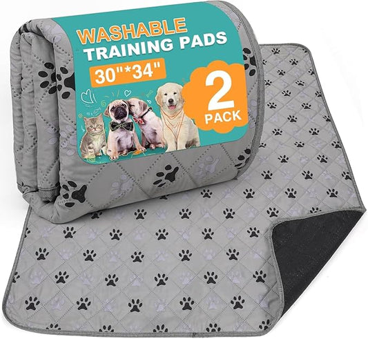 FUWERY Washable Pee Pads for Dogs ,30"X34", Thick Heavy Absorbency Reusable, Prevent Leakage, Non-Slip Pee Pads for Puppy Playpen,Potty Training, Grey, 2 Packs