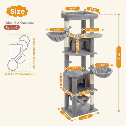 MUTTROS 71.2" Tall Cat Tree for Indoor Cats - 9-Level Multi-Cat Tower w/5 Sisal Scratching Posts, 2 Condos, 3 Hammocks, Perch & Pom Poms - Heavy-Duty for Adult Cats, Space-Saving Plush Gray