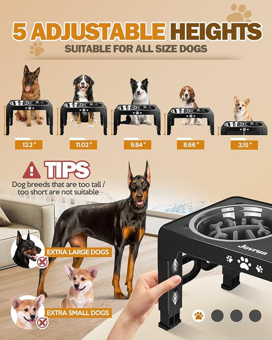 Elevated Dog Bowls, Non-Slip Dog Feeder with 1*Stainless Steel Dishes & 1*Slow Feeder Bowl, 5 Heights Adjustable Raised Bowls for 3.15″-8.66″-9.84″-11.02″-12.2″