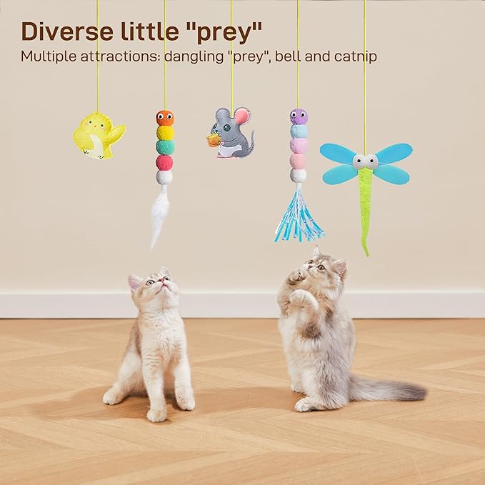 Potaroma Interactive Cat Feather Toys 5 Pcs, Cat Teaser Retractable Hanging Indoor Kitten Play Chase Exercise, Mental Physical Stimulation for All Breeds and Species (Pack of 2)