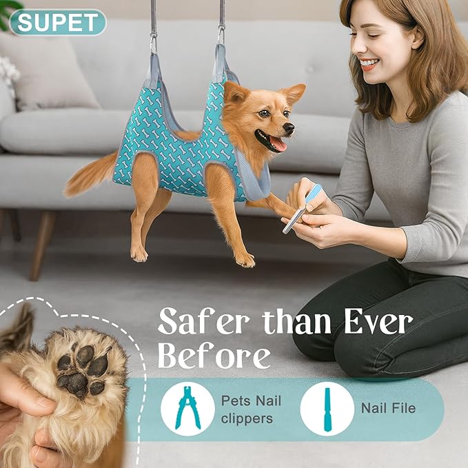 Supet Dog Grooming Hammock Harness for Dogs Cats, Relaxation Pet Nail Clipper Hammock, Restraint Dog & Small Animal Leashes Sling for Groomingk for Nail Trimming (Coral Blue, S)