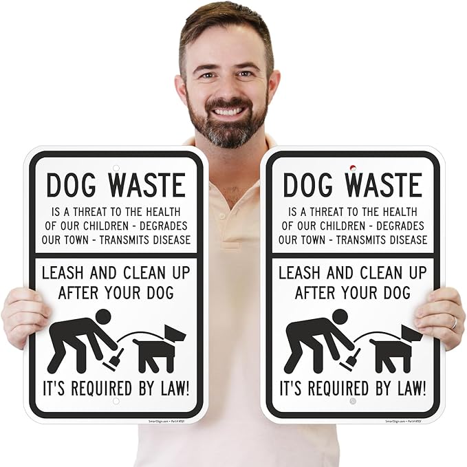 SmartSign Dog Waste Is A Threat Sign, Leash Clean Up After Your Dog Sign (2-Pack), 18 x 12 inch, 80 mil thick Aluminum Composite (ACM), Pre-Drilled Holes, White and Black, Made in USA
