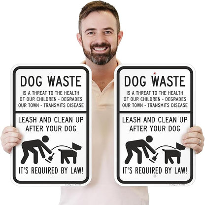 SmartSign Dog Waste Is A Threat Sign, Leash Clean Up After Your Dog Sign (2-Pack), 18 x 12 inch, 80 mil thick Aluminum Composite (ACM), Pre-Drilled Holes, White and Black, Made in USA