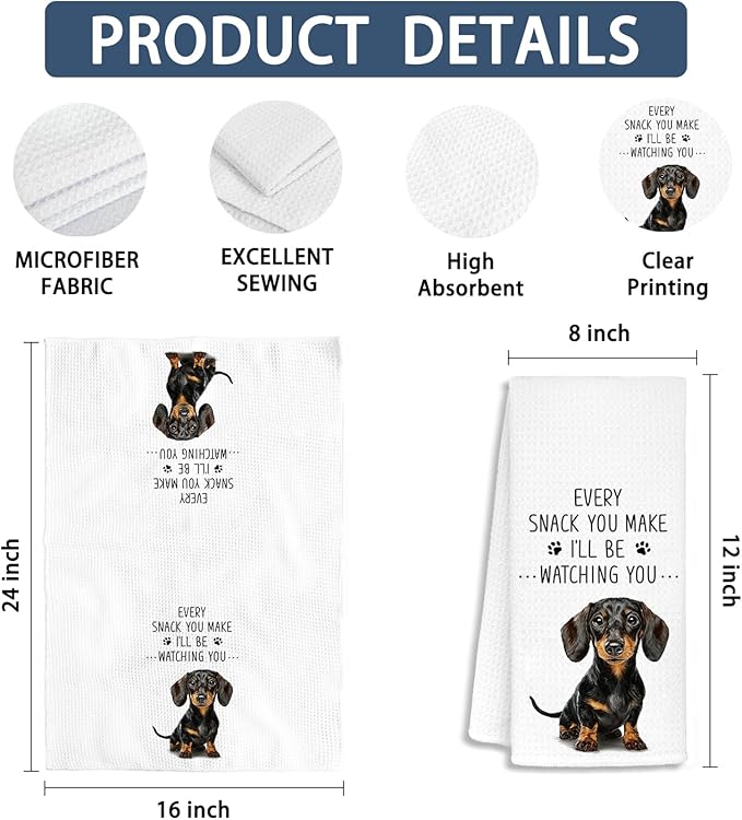 Funny Dachshund Kitchen Towels, Gifts for Dachshund Lovers Women Dish Tea Towels, Dog Mom Dad Lovers Owner Gifts Wiener Dog Gift for Women, Wiener Dogs Gifts Tea Towel, 16x24 Inch Set of 2