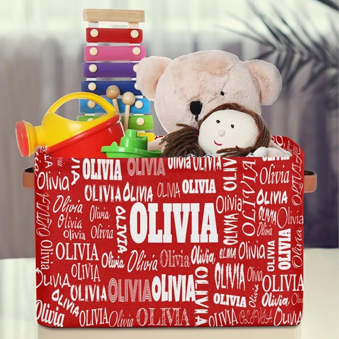 Custom Rectangle Storage Basket, Personalized Name Organizer Bin for Pet/Children Toys, Books, Clothes, Perfect for Rooms/Playroom, Red Color
