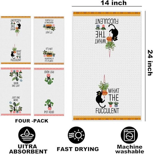 Hanamiya Na 4 Pcs Funny Cat Kitchen Towels, Plant Lover Gifts for Women Gardener Mom, Reusable Waffle Hand Towels for Bathroom Kitchen Home Farmhouse Decor, Cat Lover Gifts for Women, 24x14 Inch
