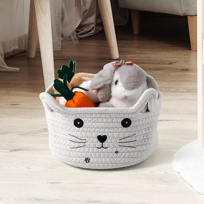 Zopeal Cat Basket Storage Woven Organizer with Ears Easter Decorative Pet Toy Cute Cotton Rope Basket for Gift Cat Dog Toy Bin Nursery Room(8.3 x 4.7 Inch,White)
