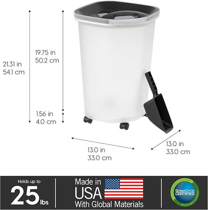 IRIS USA Pet Food Storage Container 25 lbs, Premium 60% Improved Airtight Seal with Air Valve, 2 Cup Scoop, Removable Wheels, Easy to Open - Made in the USA, Black