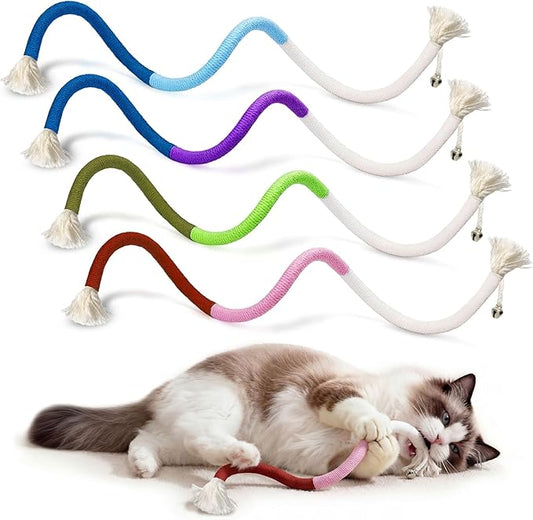 AGYM 4 Pack Interactive Cat Chew Rope Toys - Durable Hand-Woven Cotton Teaser Sticks with Jingle Bells - Safe Teeth Cleaning & Teething Toys for Indoor Cats, Kittens, and Aggressive Chewers