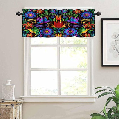 Mexico Valances Curtain for Kitchen, Mexican Folk Art Traditional Flower Pattern Window Treatment Valances Short Curtains Rod Pocket Drape for Dining Room Home Farmhouse Decor, 54x18inch
