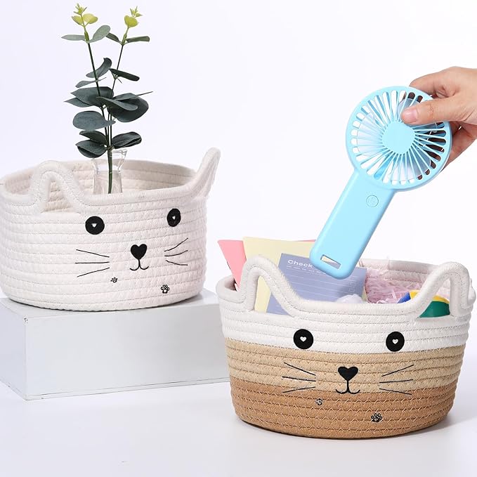 Zopeal Cat Basket Storage Woven Organizer with Ears Easter Decorative Pet Toy Cute Cotton Rope Basket for Gift Cat Dog Toy Bin Nursery Room(8.3 x 4.7 Inch,White Khaki Brown)