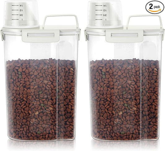 3-5Lbs Airtight Small Cat Dog Pet Food Storage Containers BPA Free, with Large Pour Spout/1 Measuring Cup/ 4 Safety Locks and Double-layer Silicone Strip (Off White 2Pack)