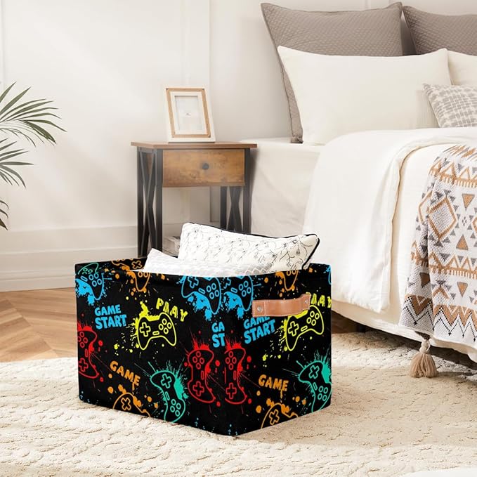 Rectangle Storage Basket with Handles, Cube Organizer Bins for Shelves Collapsible Toys Storage Box Clothes Baskets for Nursery Home Kids Room(Game Video)