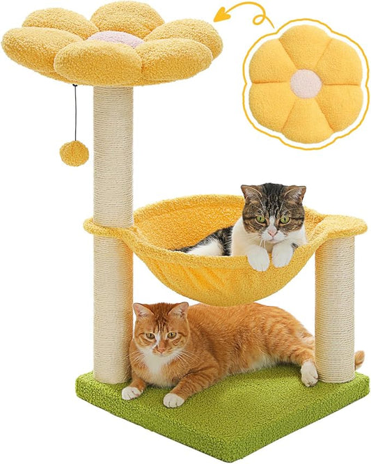 MUTTROS 28" Flower Cat Tree Cute with Flower Top Perch, Large Hammock for Indoor Small Cats, Small Cat Tower with Cute Scratching Post and Fur Toy Ball for Kittens, Yellow