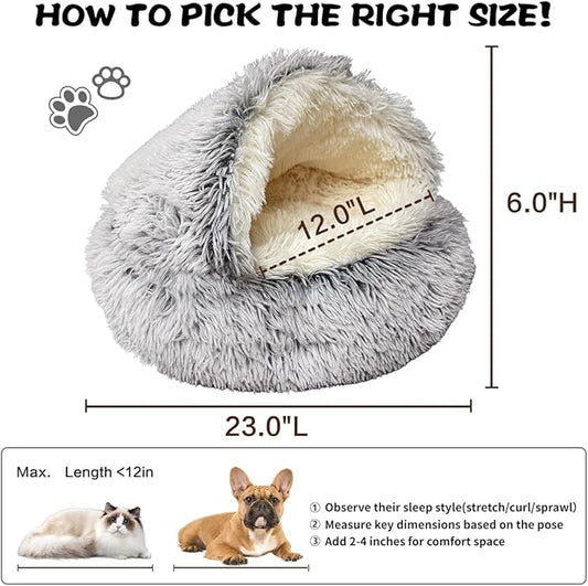 ShinHye Cozy Cat Bed - Round Plush Fluffy Hooded Cave, Indoor/Outdoor, Waterproof & Washable, Calming Anti-Anxiety Design - 23x23 Inch, Grey