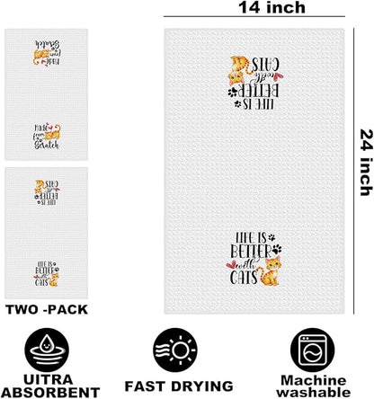Hanamiya Na 2Pcs Cute Cat Kitchen Towels 24x14 Inch, Make from Scratch, Absorbent Microfiber Dish Cloth Tea Towel, Waffle Hand Towels for Kitchen Home Bathroom, Cat Lover Gifts